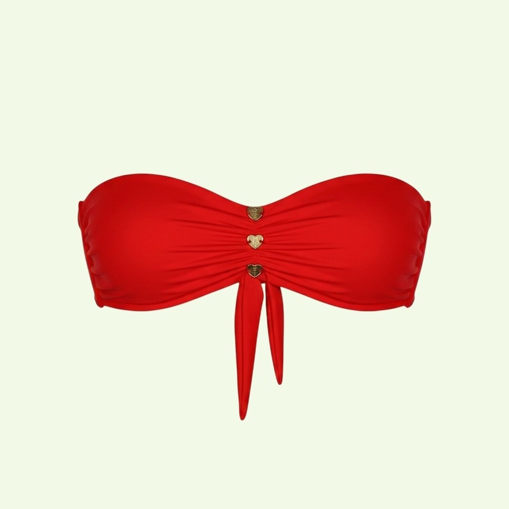 Juicy Couture Button Bandeau Bra L Tomato Red Gold Heart Tie Front Y2K Aesthetic